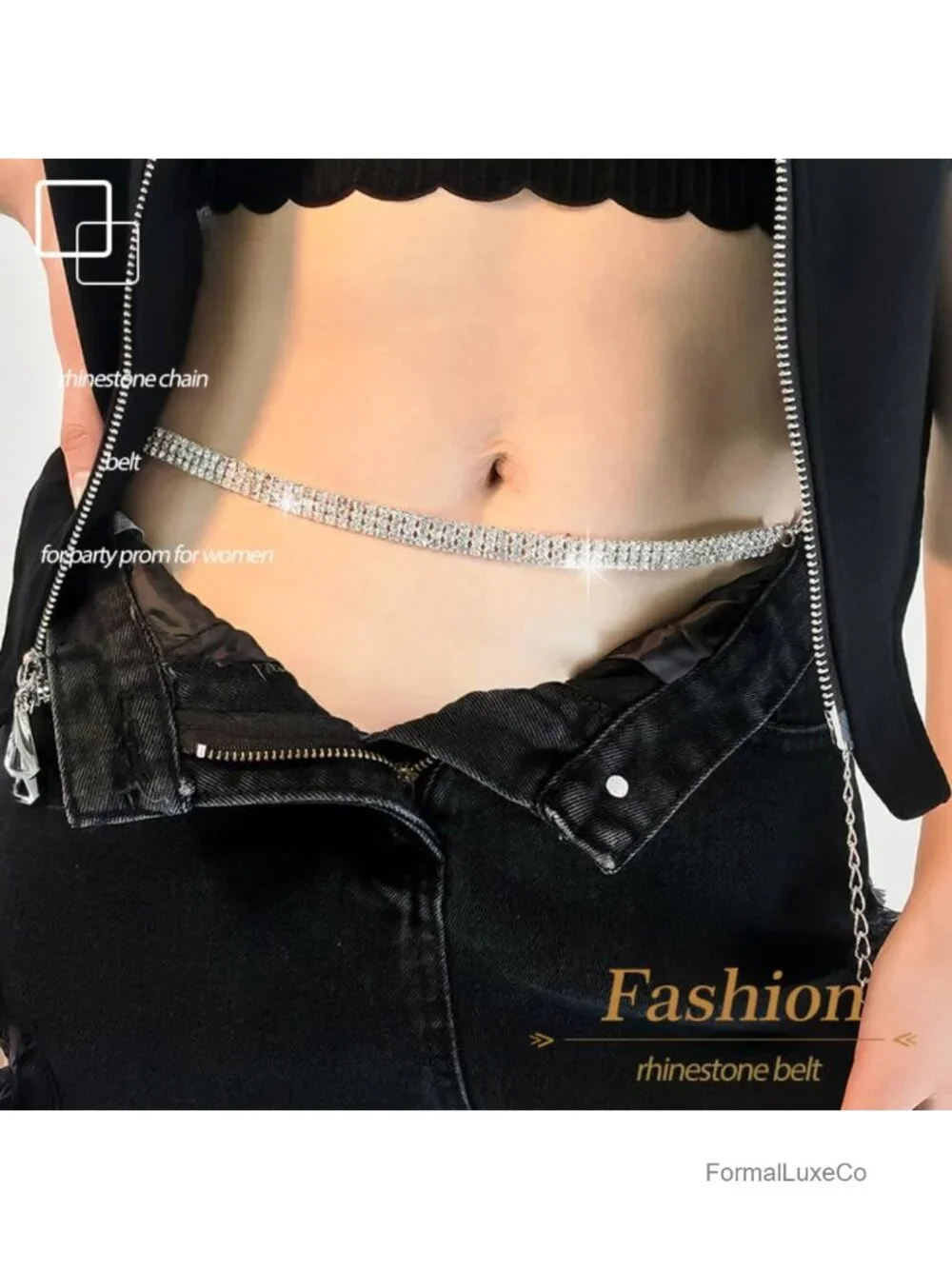 Rhinestone Chain Belt Sparkle Crystal Dress Belt Adjustable Waist